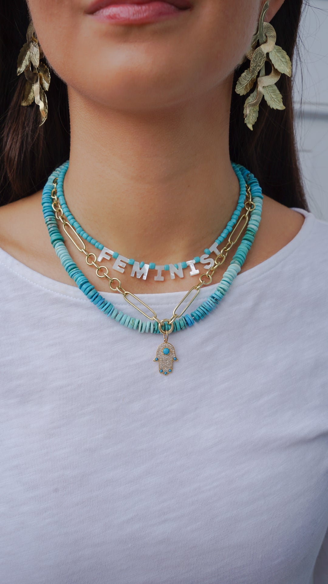 14k Diamond and Turquoise Hamsa Pendant