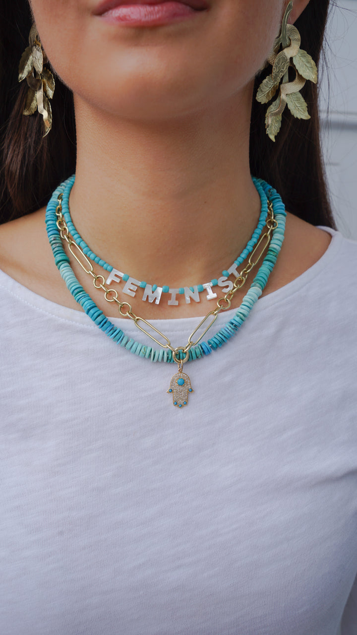 14k Diamond and Turquoise Hamsa Pendant