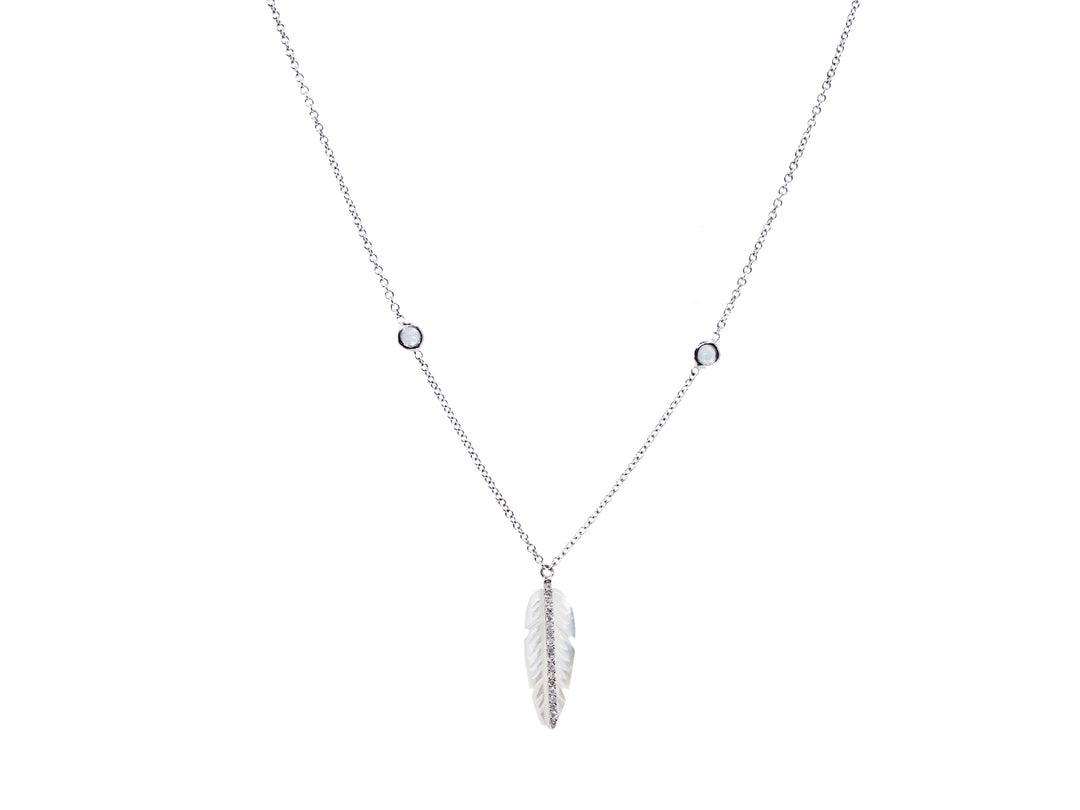 18k MOP Feather Pendant Necklace in White Gold