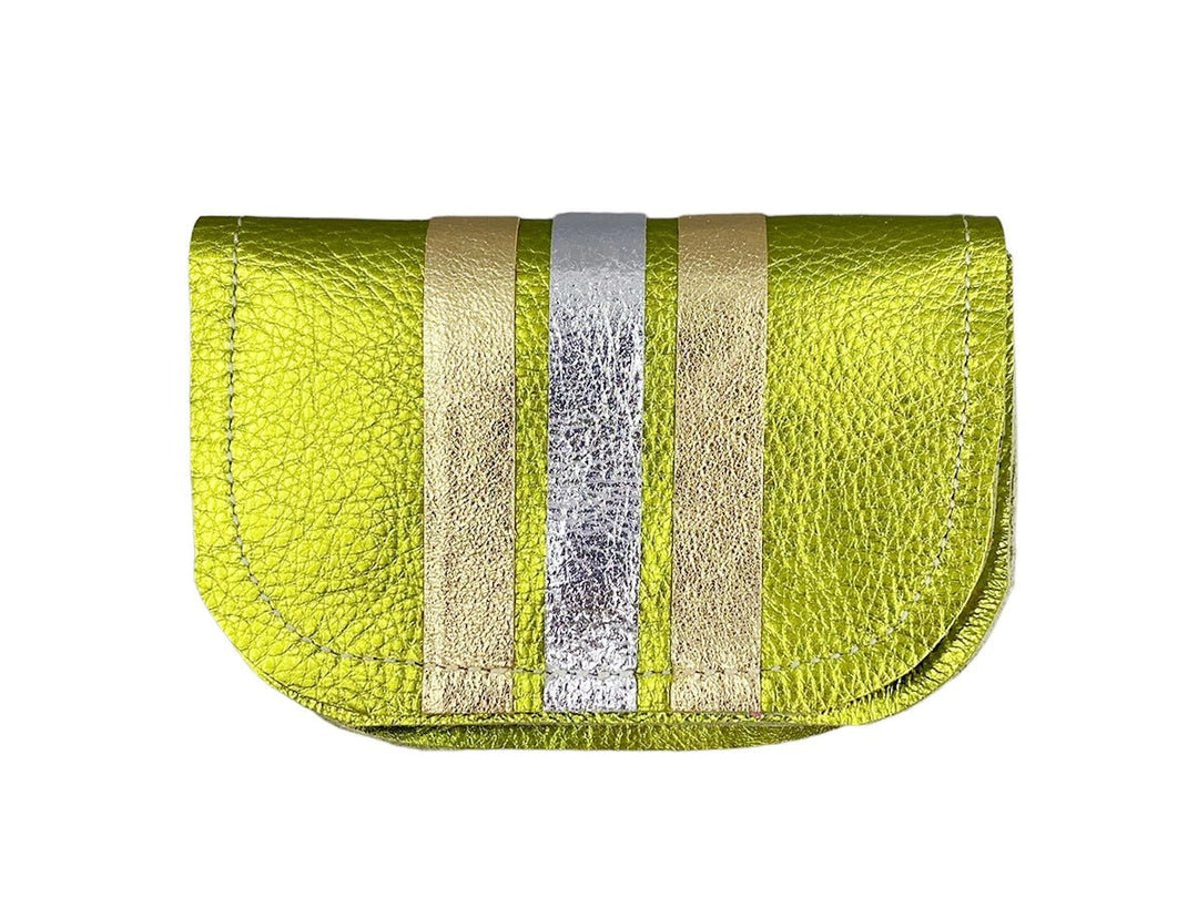 Lime Metallic Leather Wallet with Gold and Silver Stripes