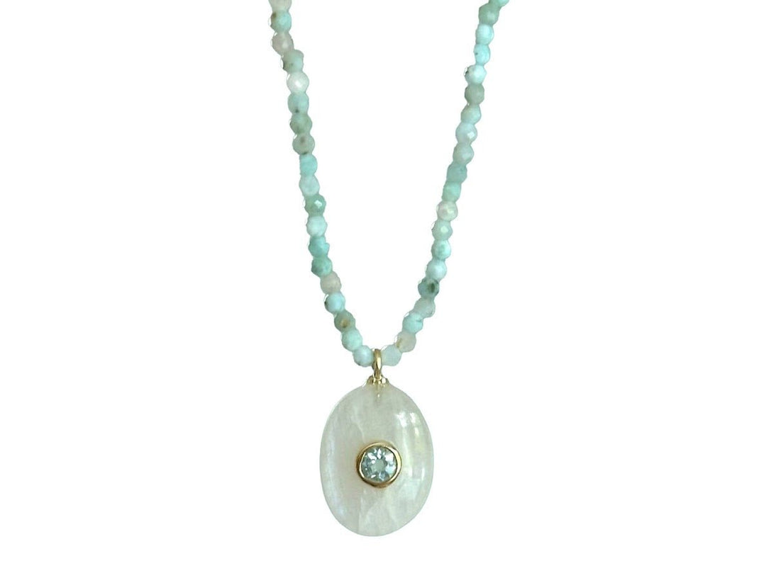 Oval Rainbow Moonstone and Topaz Charm Necklace