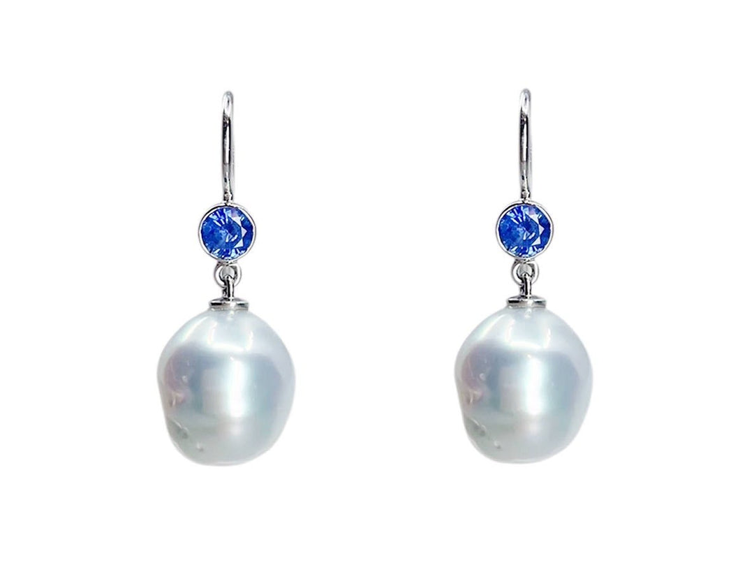 18k Natural Pearl Drop Earrings with Sapphires