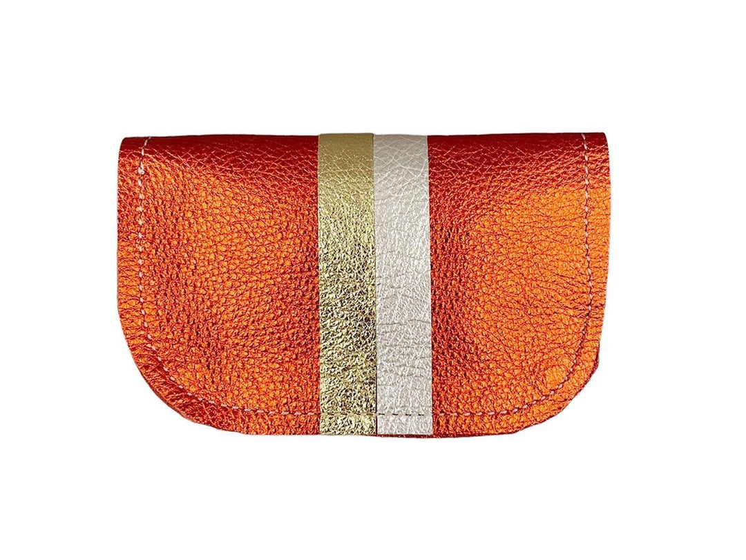 Orange Metallic Leather Wallet with Platinum and Gold Stripes