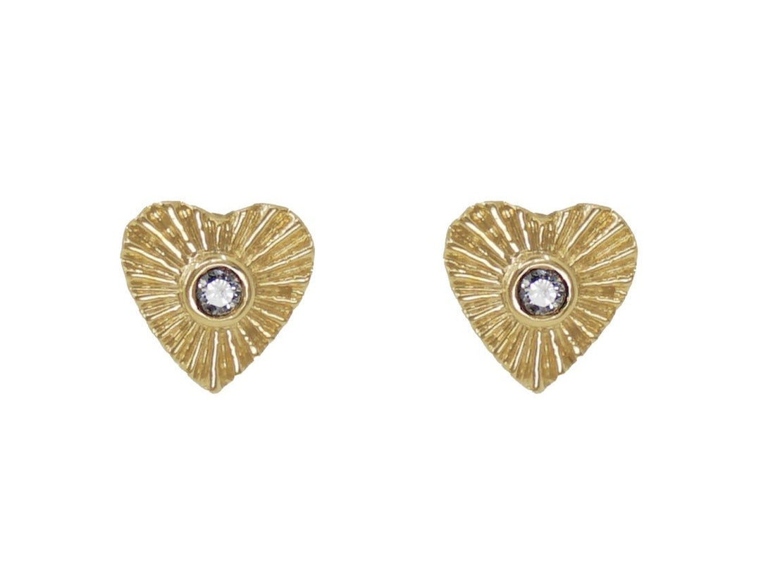 14k Ridged Heart Earrings with Diamond Centers