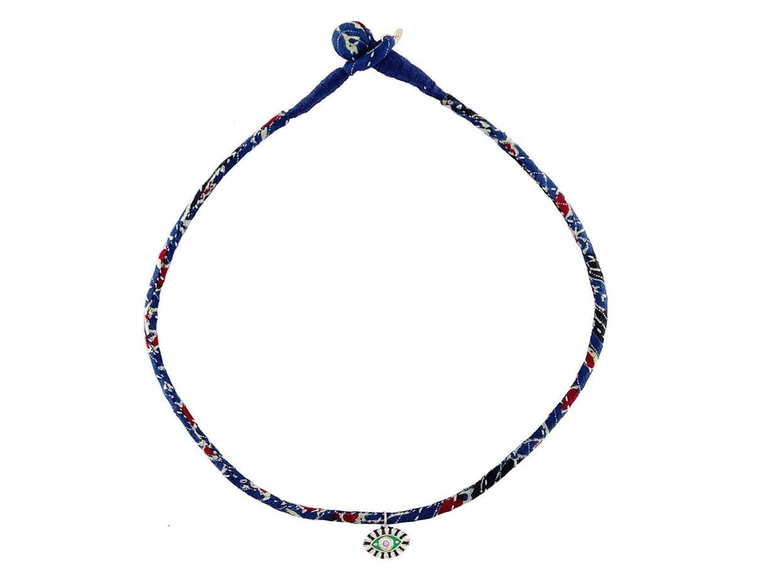Blue and Red Fabric Necklace with  Evil Eye