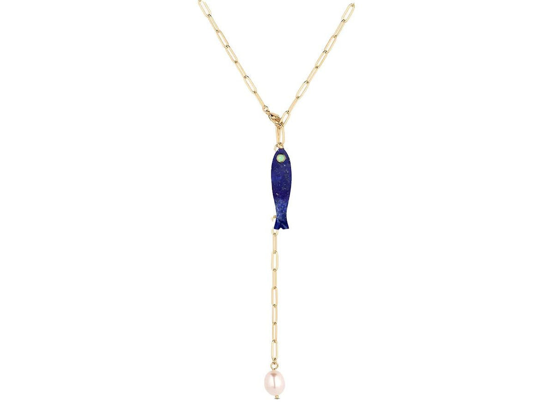 Lariat Chain with Pearl and Lapis Fish Charm