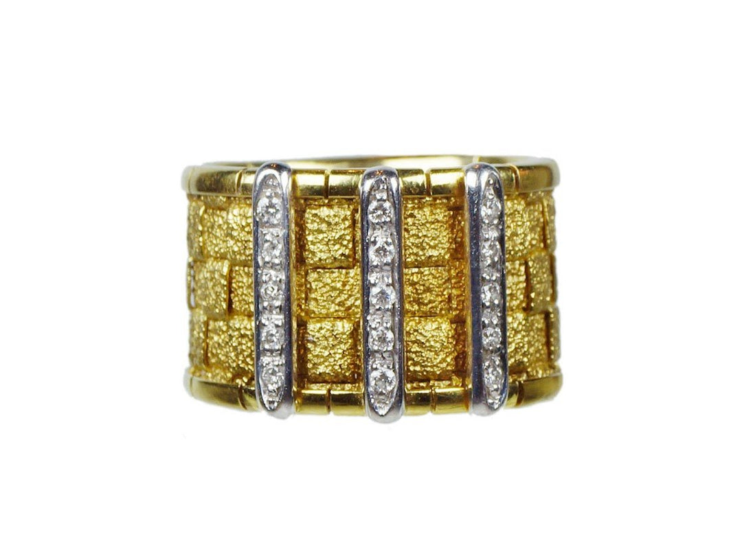 1950s 18k Basketweave Ring with 3 Rows of Diamonds