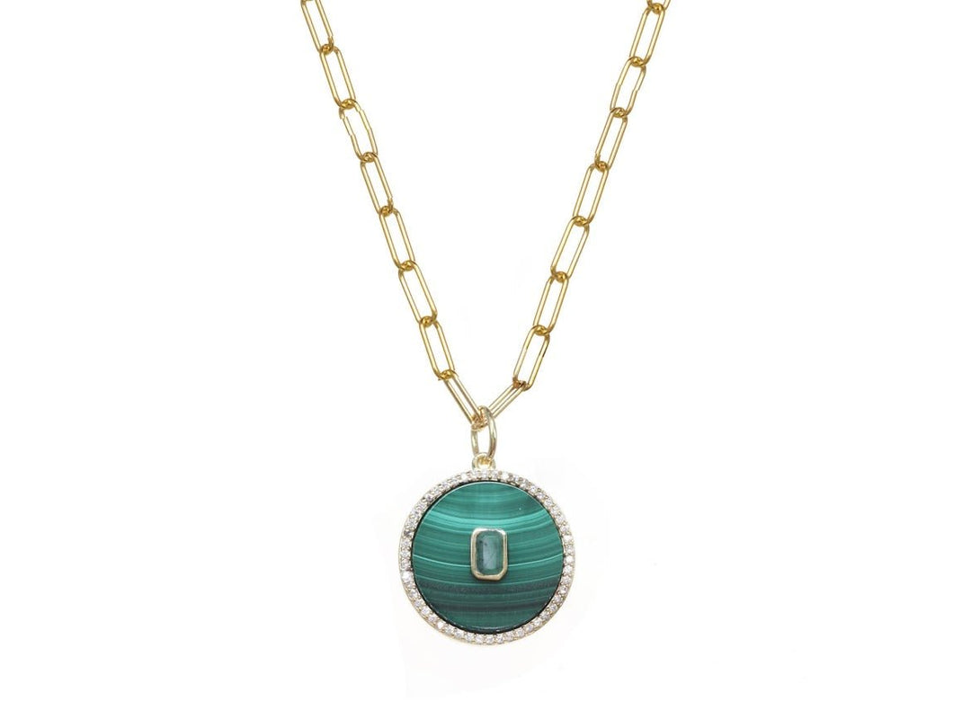 Malachite, Emerald, and CZ Disc Necklace