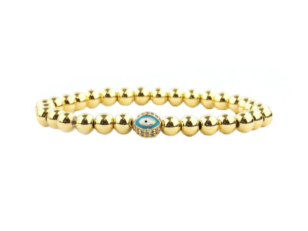 Gold Beaded Bracelet with Pave Turquoise Evil Eye