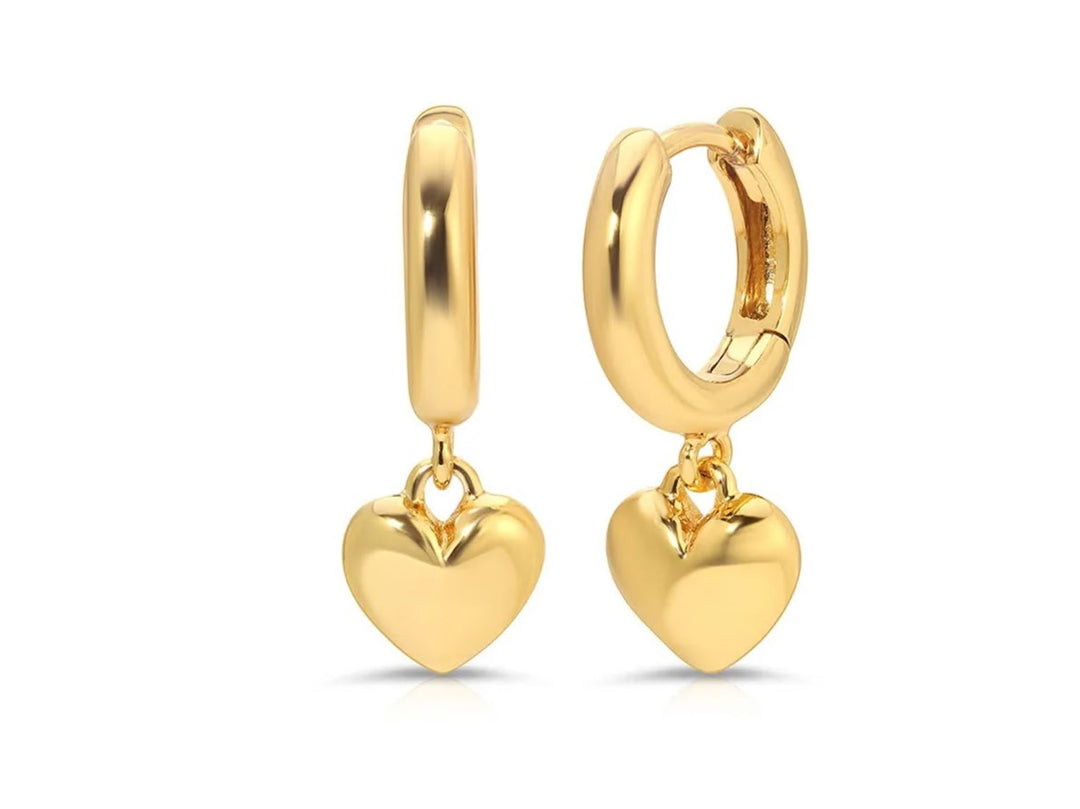 Gold Huggie Hoops with Dangling Hearts