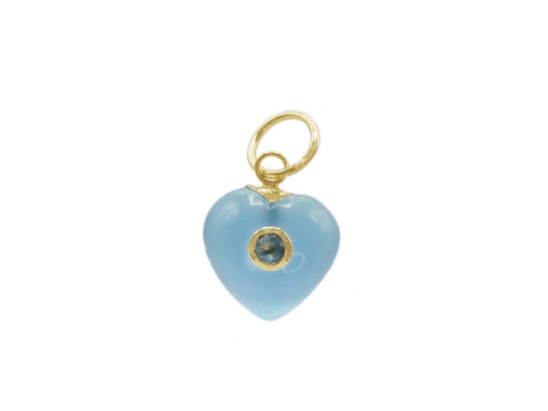 14k Blue Chalcedony Heart Charm with Bezel Set Blue Topaz