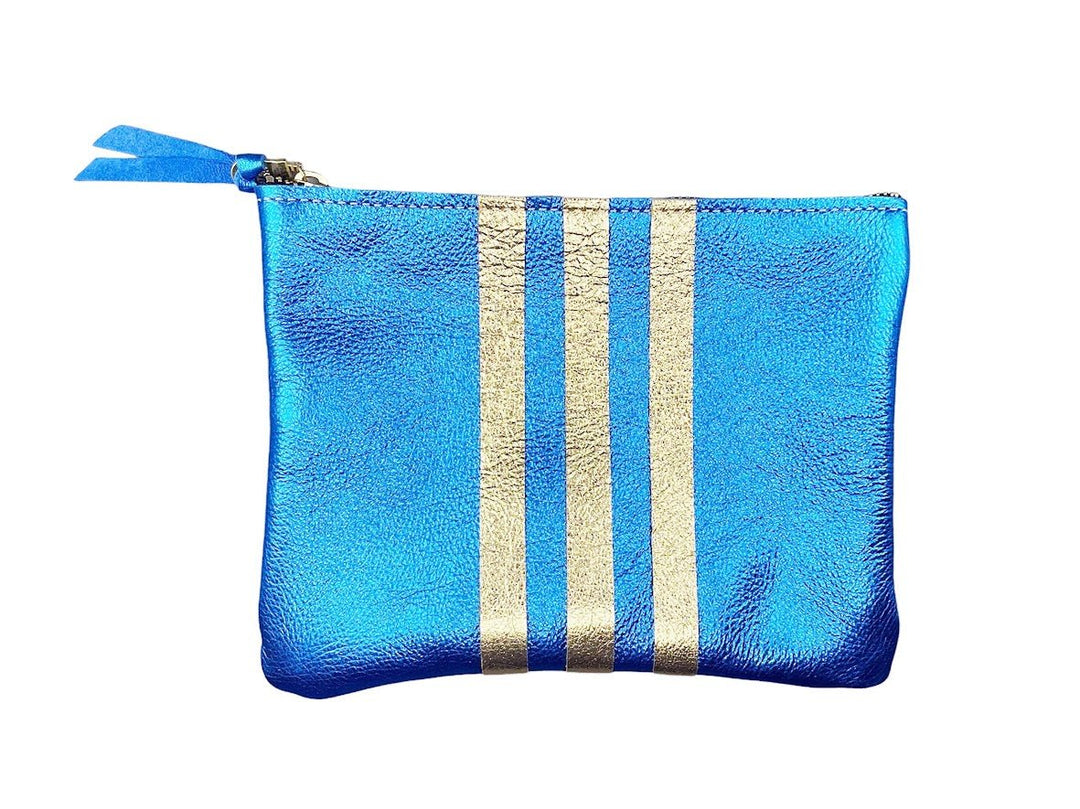Royal Blue Metallic Leather Pouch with Gold Stripes