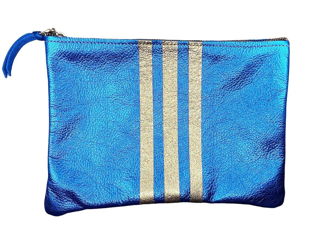 Large Blue Metallic Leather Pouch with 3 Gold Stripes