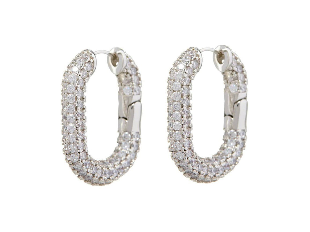 Large Silver and Pave CZ Oval Hoop Earrings