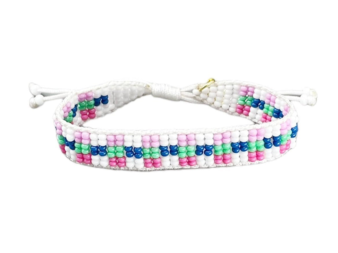 Blue, White, Pink, and Aqua Beaded Squares Bracelet.