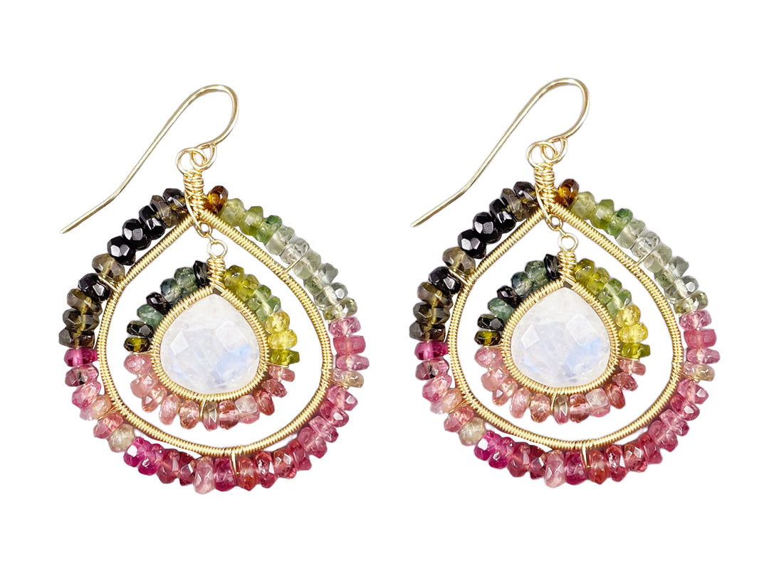 Moonstone Double Ring Drop Earrings with Tourmalines