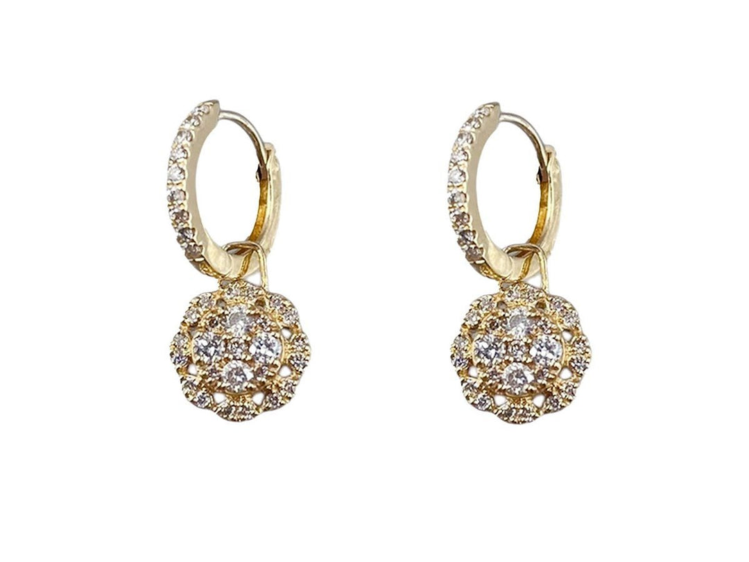 14k and Diamond Flower Drop Charm Huggie Hoops