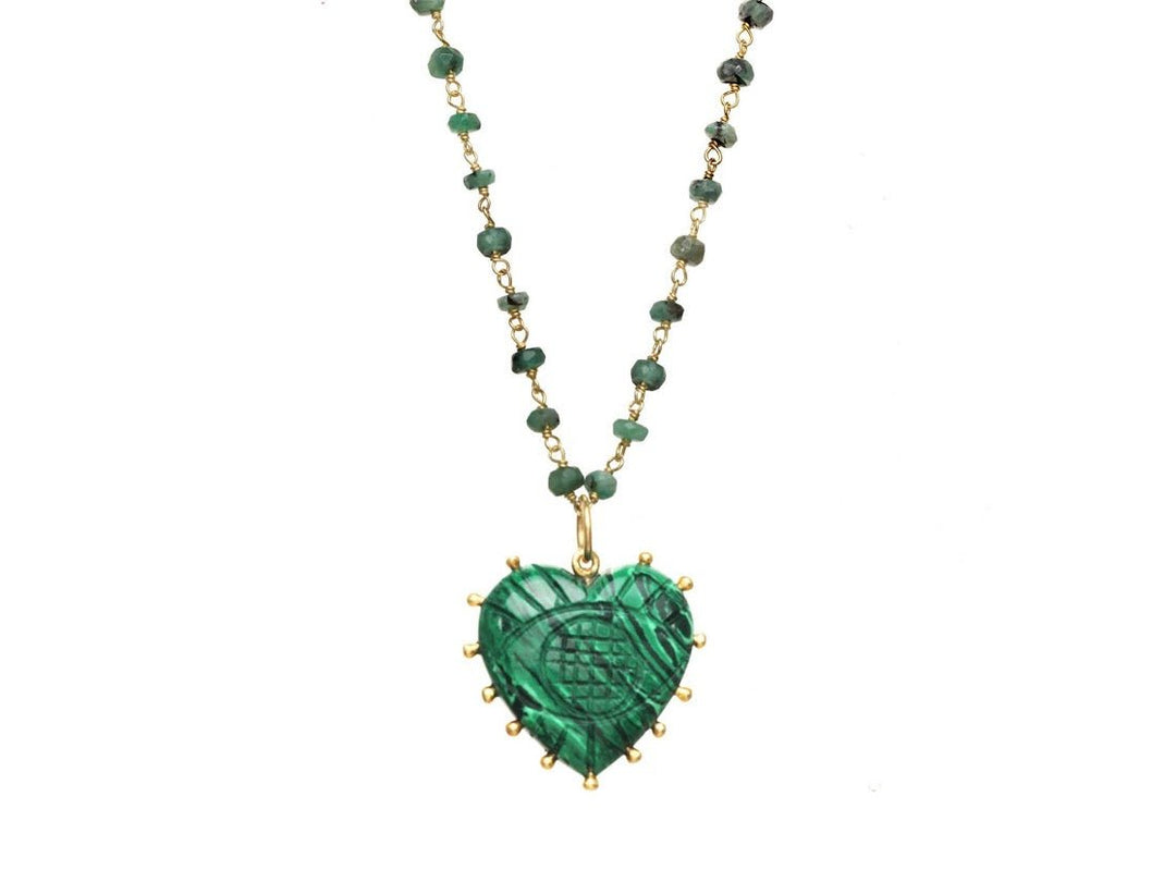 Emerald Necklace with Carved Malachite Heart