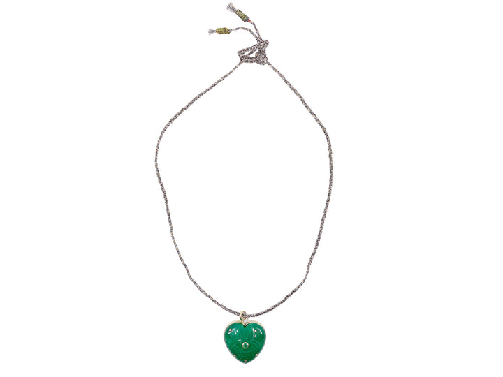 10k Green Chrysoprase Heart Necklace with Carved Evil Eye and Emerald
