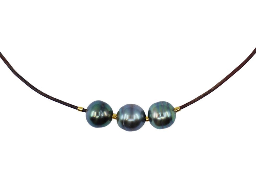 Brown Leather Necklace with Black Tahitian Pearls and Gold Beads