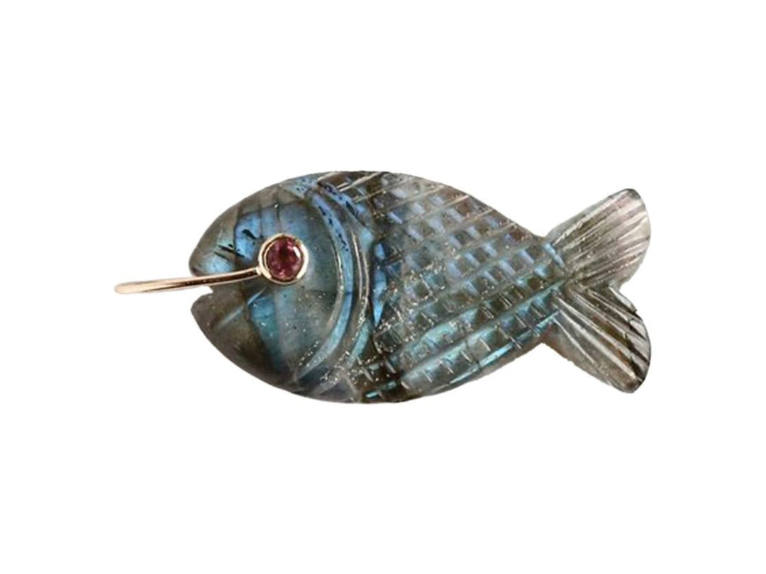 14k Handcrafted Labradorite Fish Charm with Tourmaline Eye