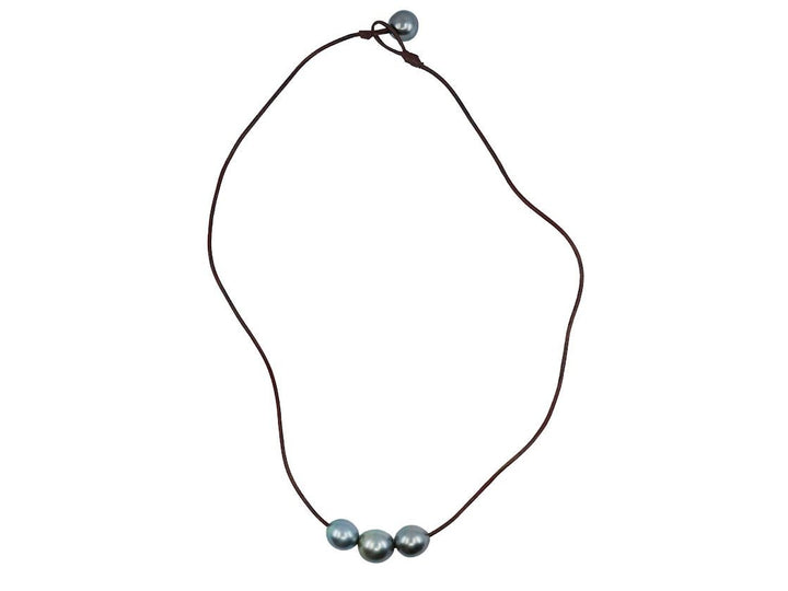 Brown Leather Necklace with Three Varicolored Tahitian Pearls