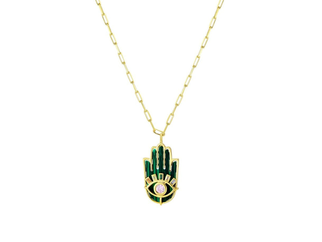 Green Hamsa and Evil Eye Necklace