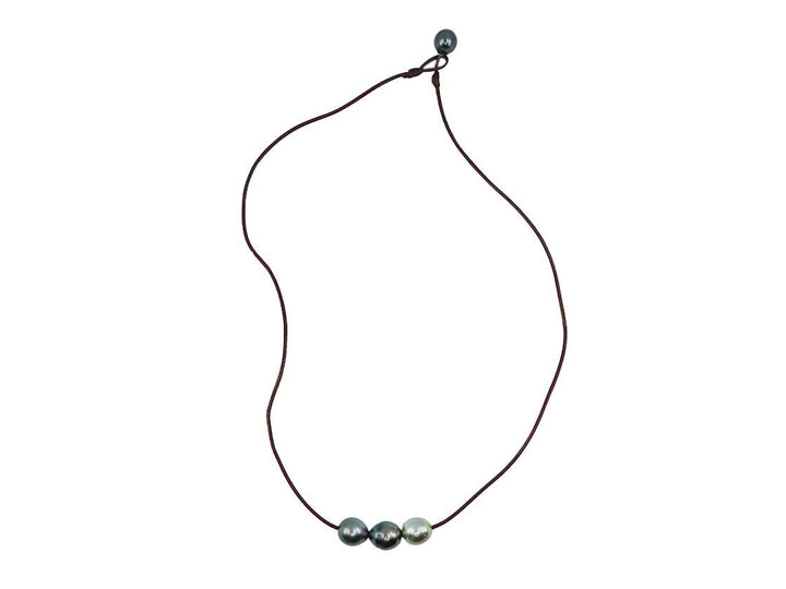 Brown Leather Necklace with 3 Gray Tahitian Pearls