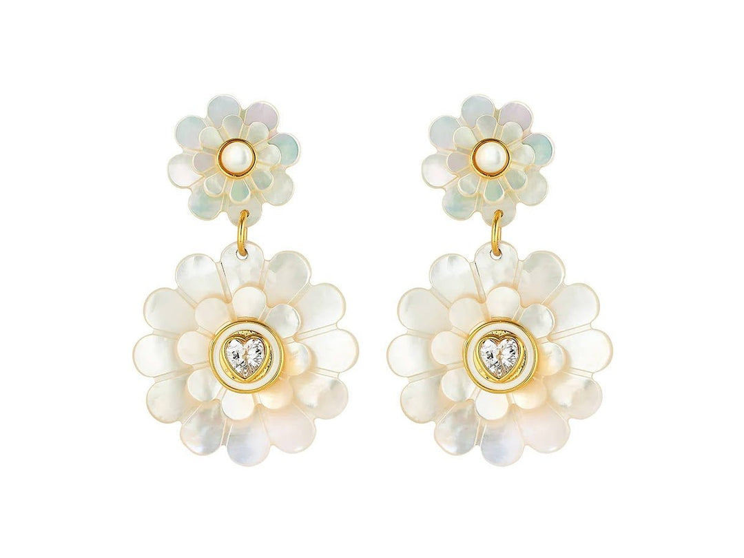 Zinnia Double Drop Earrings with MOP and CZ Hearts