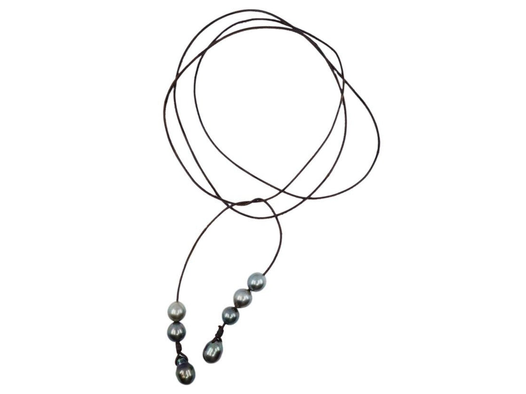 Long Brown Leather Necklace with 7 Gray Tahitian Pearls
