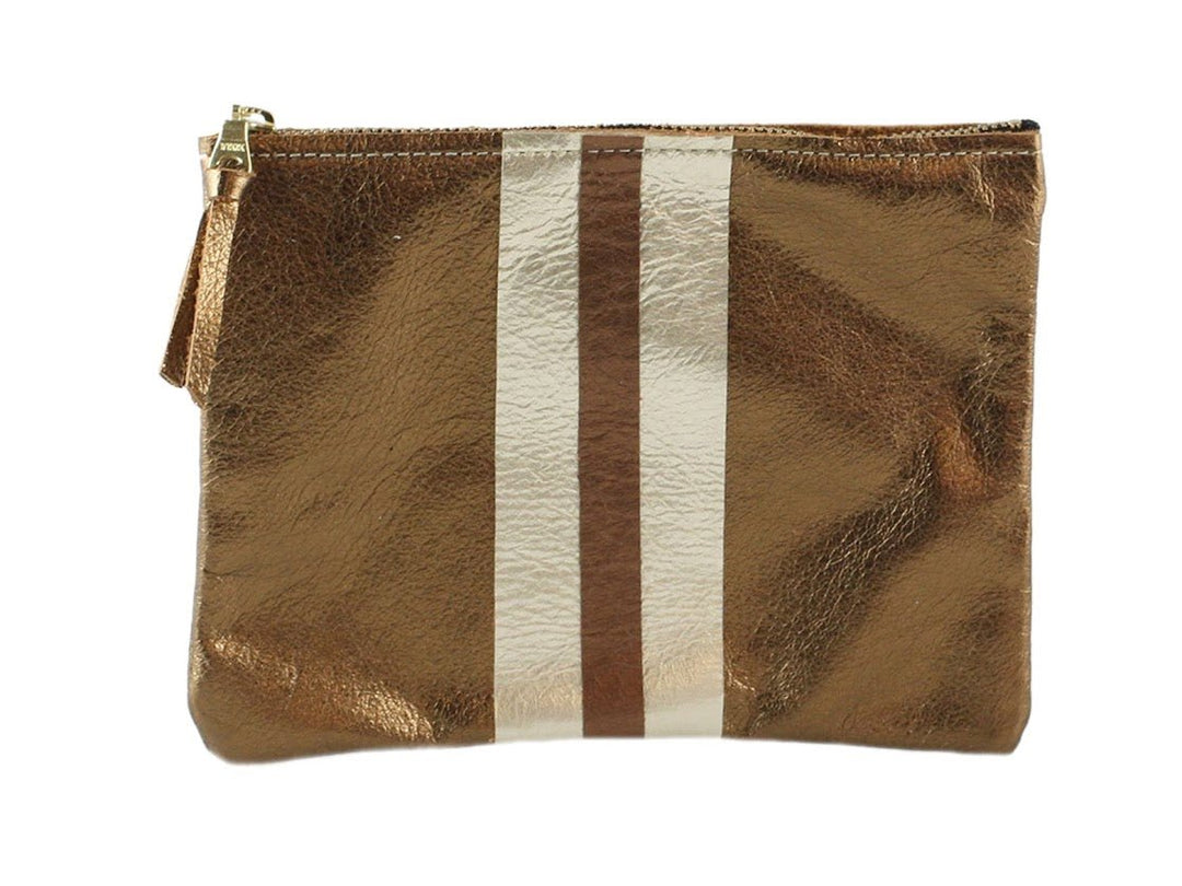 Bronze Metallic Leather Everyday Pouch with Platinum Stripes