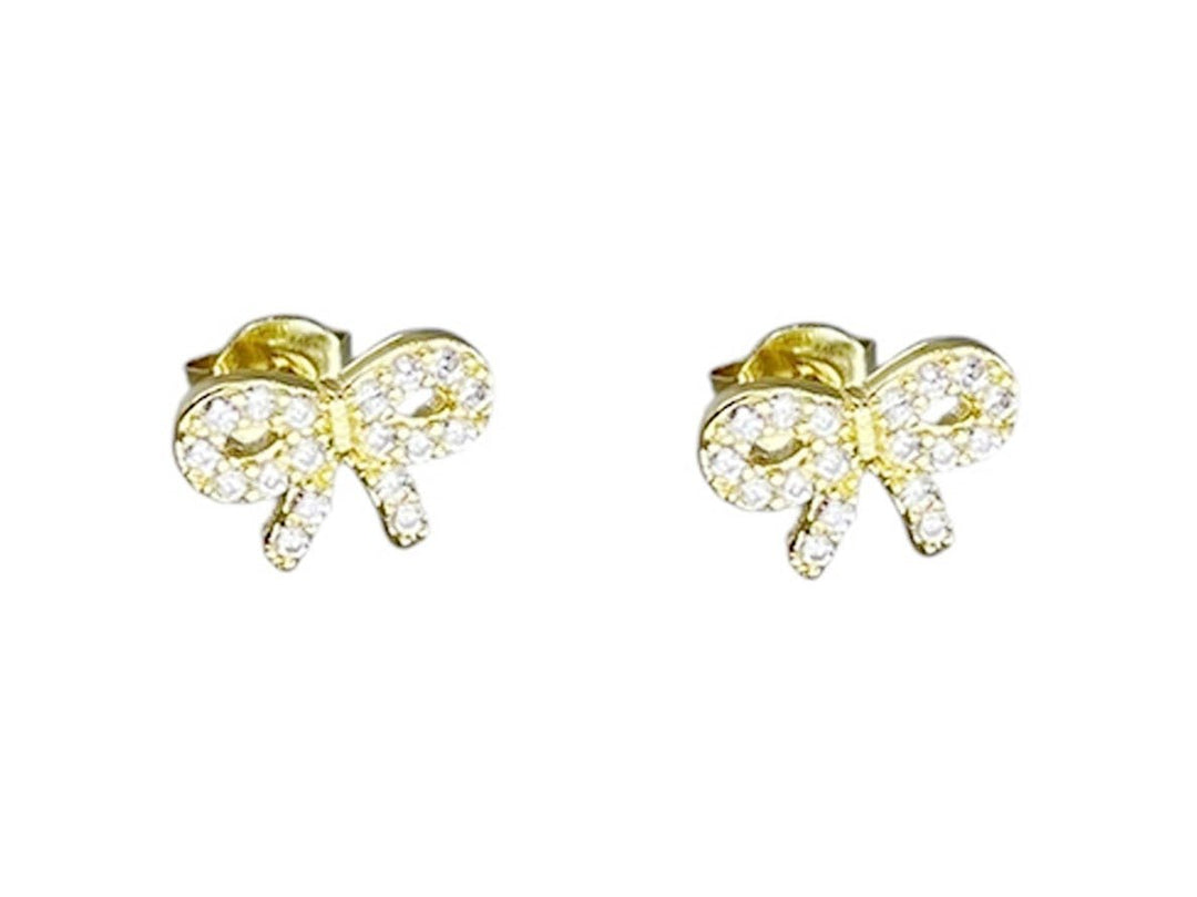 Gold Bow Stud Earrings with CZs