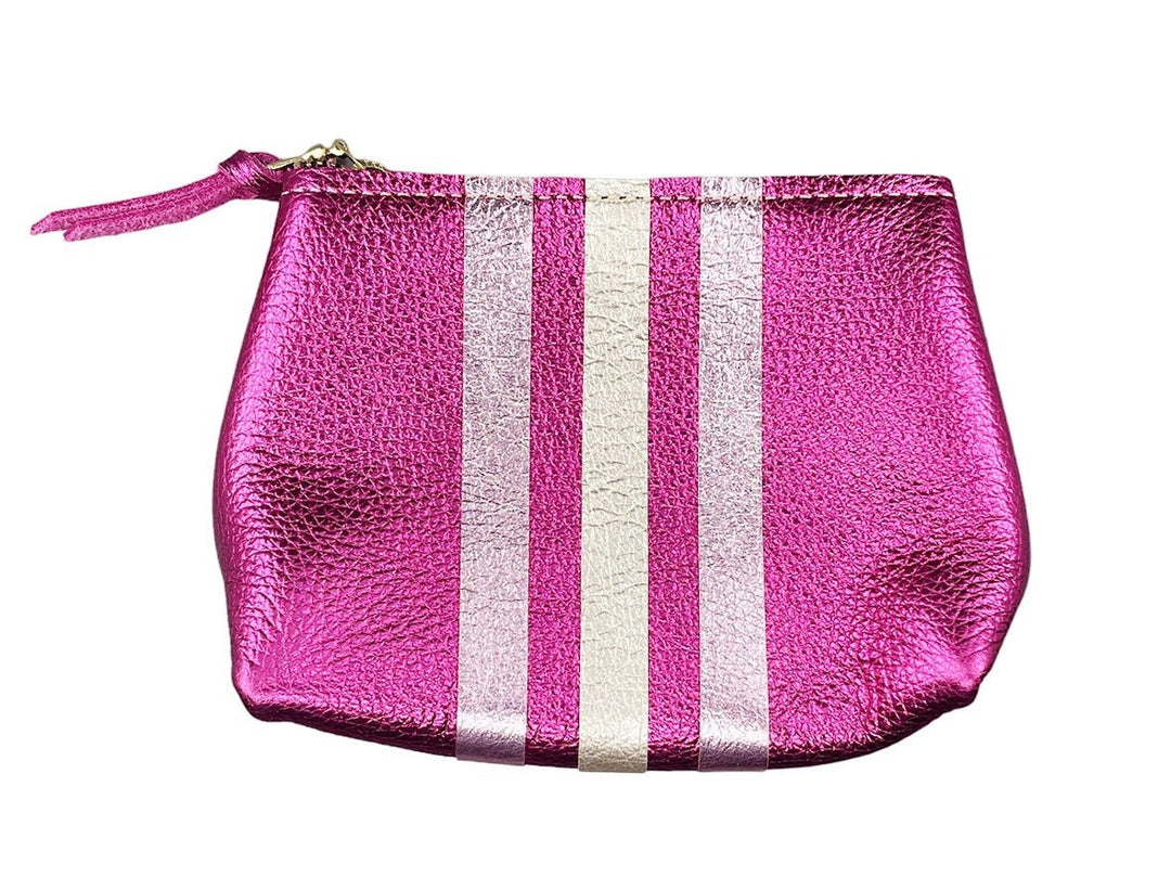 Small Fuschia Metallic Leather Makeup Clutch with Rose and Platinum Stripes