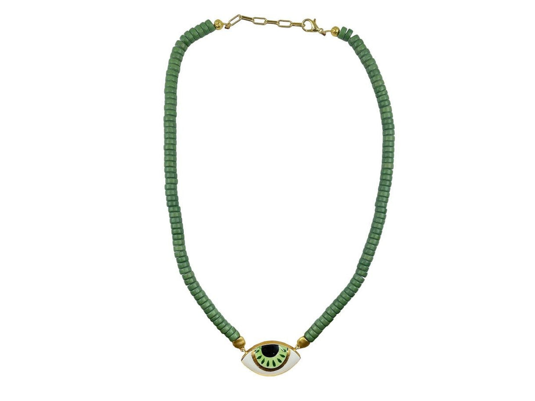 Green Howlite Necklace with a Green Handpainted Evil Eye