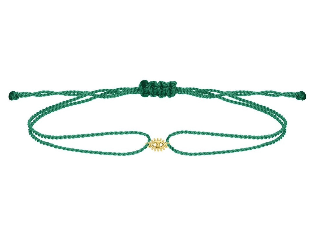 14k and Emerald Cord Bracelet with Evil Eye