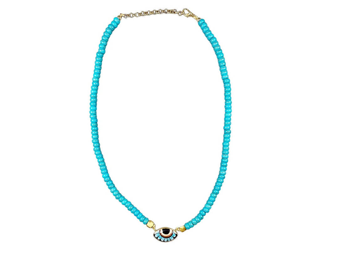 Blue Howlite Necklace with Black, Turquoise, and Brown Handpainted Evil Eye