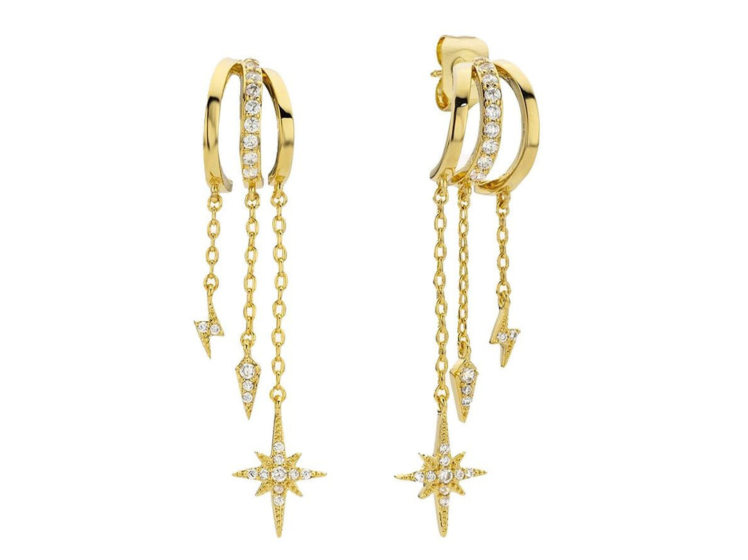 Gold and CZ Triple Chain Drop Earrings with Charms