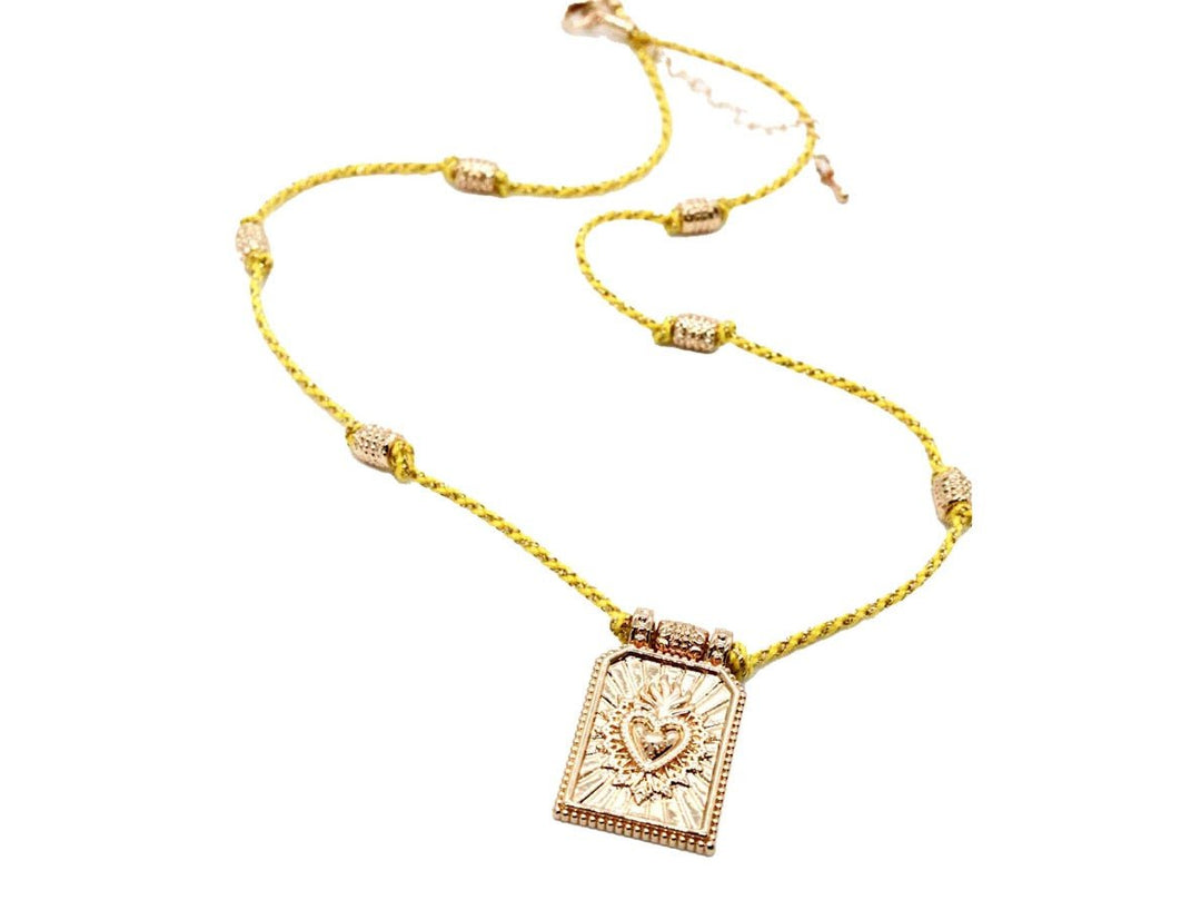 Woven Yellow Necklace with Heart Charm