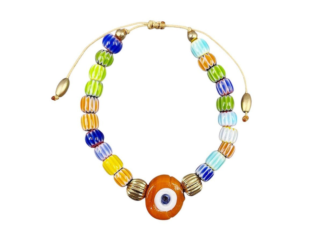 Orange Glass Evil Eye on Ceramic Bead Bracelet