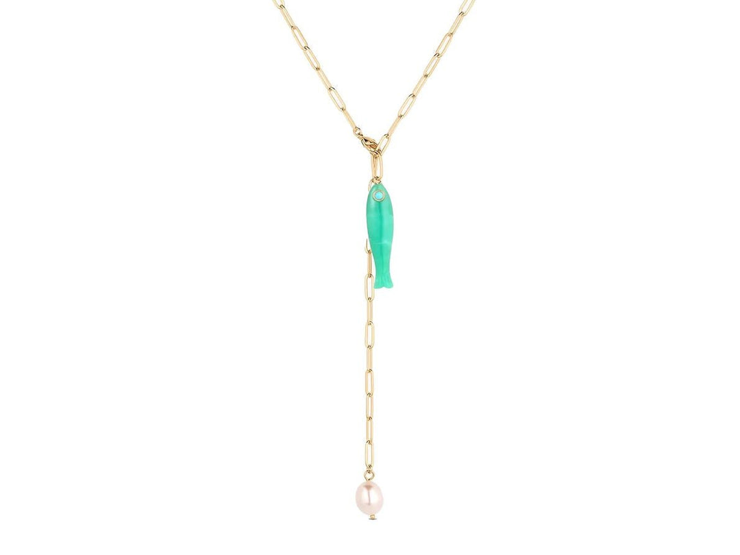 Lariat Chain with Pearl and Chrysoprase Fish Charm