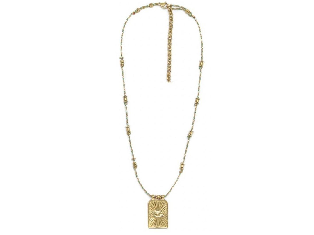 Gold Eye on Green Cord Necklace
