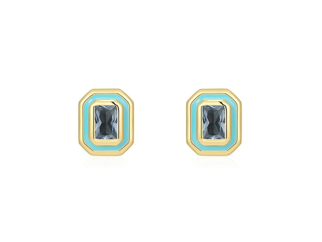 Turquoise Enamel and CZ Stud Earrings