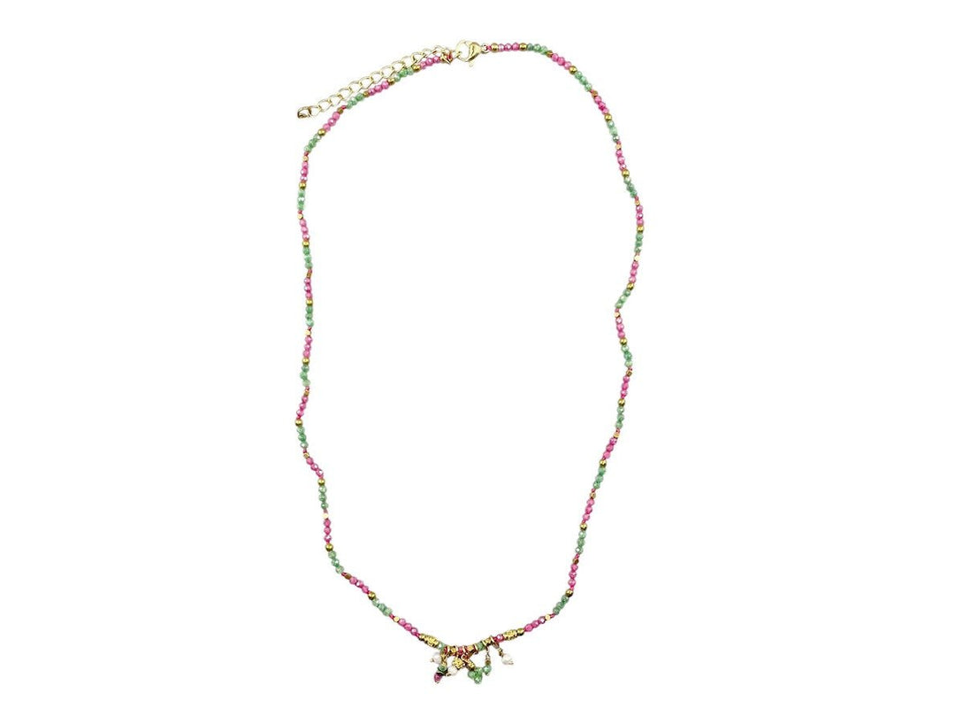 Pink and Blue Beaded Necklace with Delicate Stone Charms