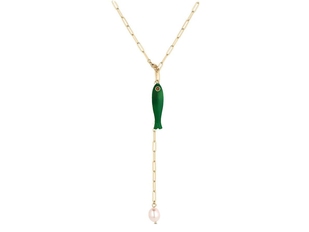 Lariat Chain with Pearl and Jade Fish Charm