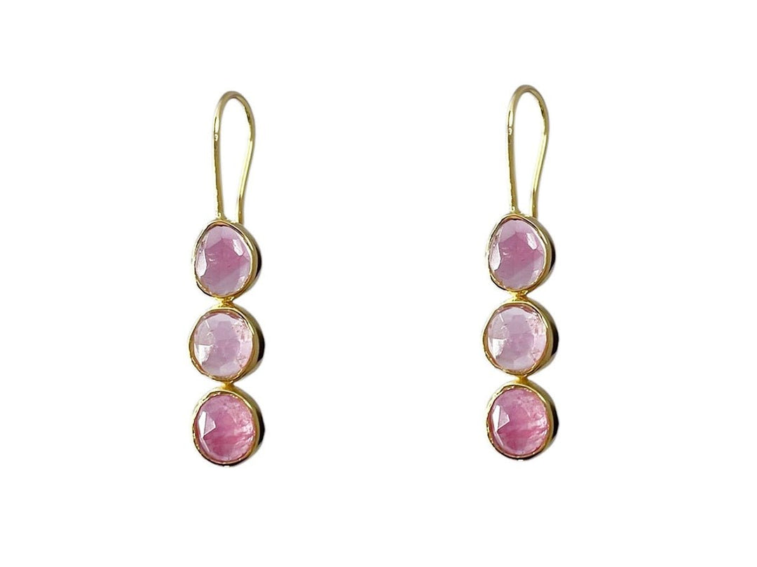 Pink Tourmaline 3-Stone Drop Earrings
