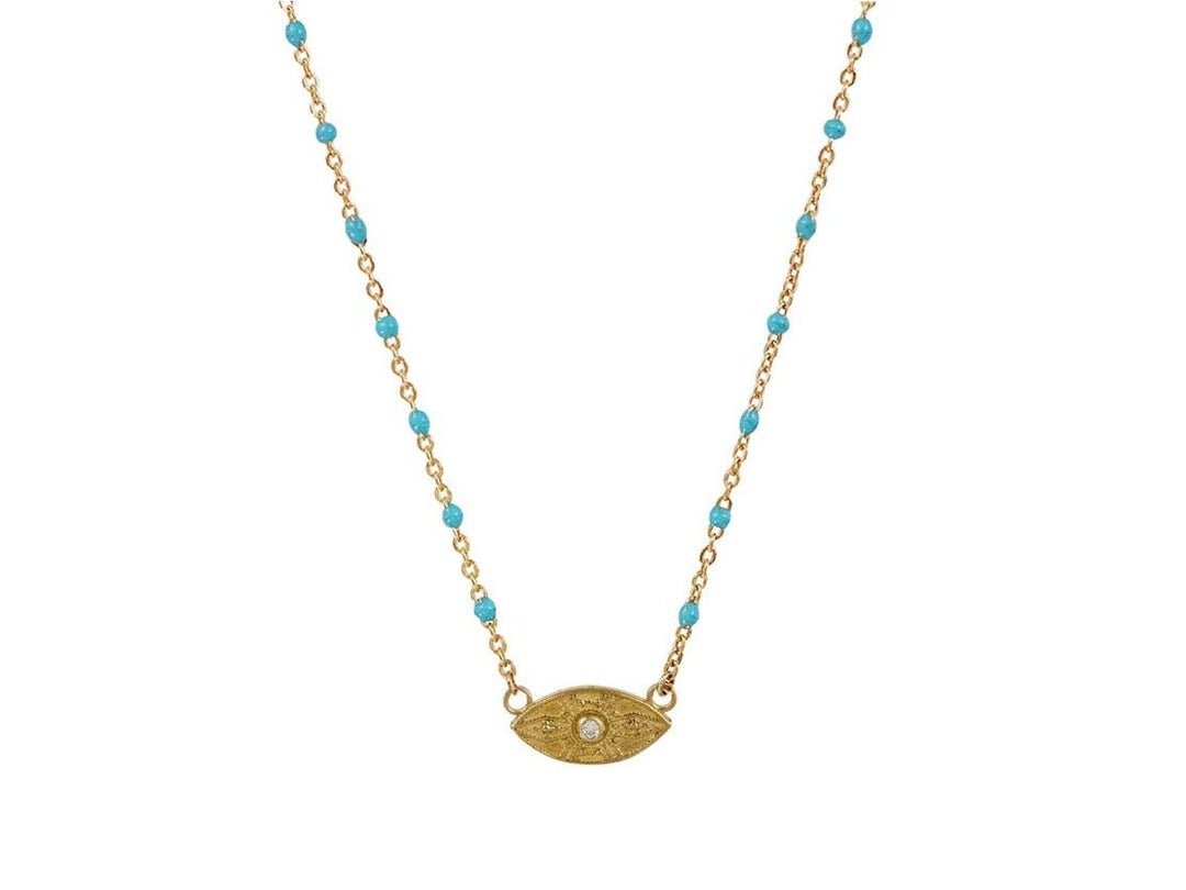 Turquoise and Yellow Bronze Evil Eye Necklace with Diamond