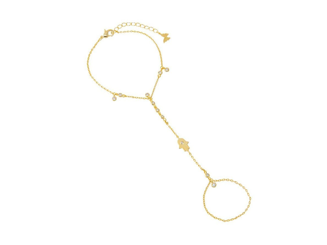Gold Hand Chain Bracelet with Hamsa Charm and CZs