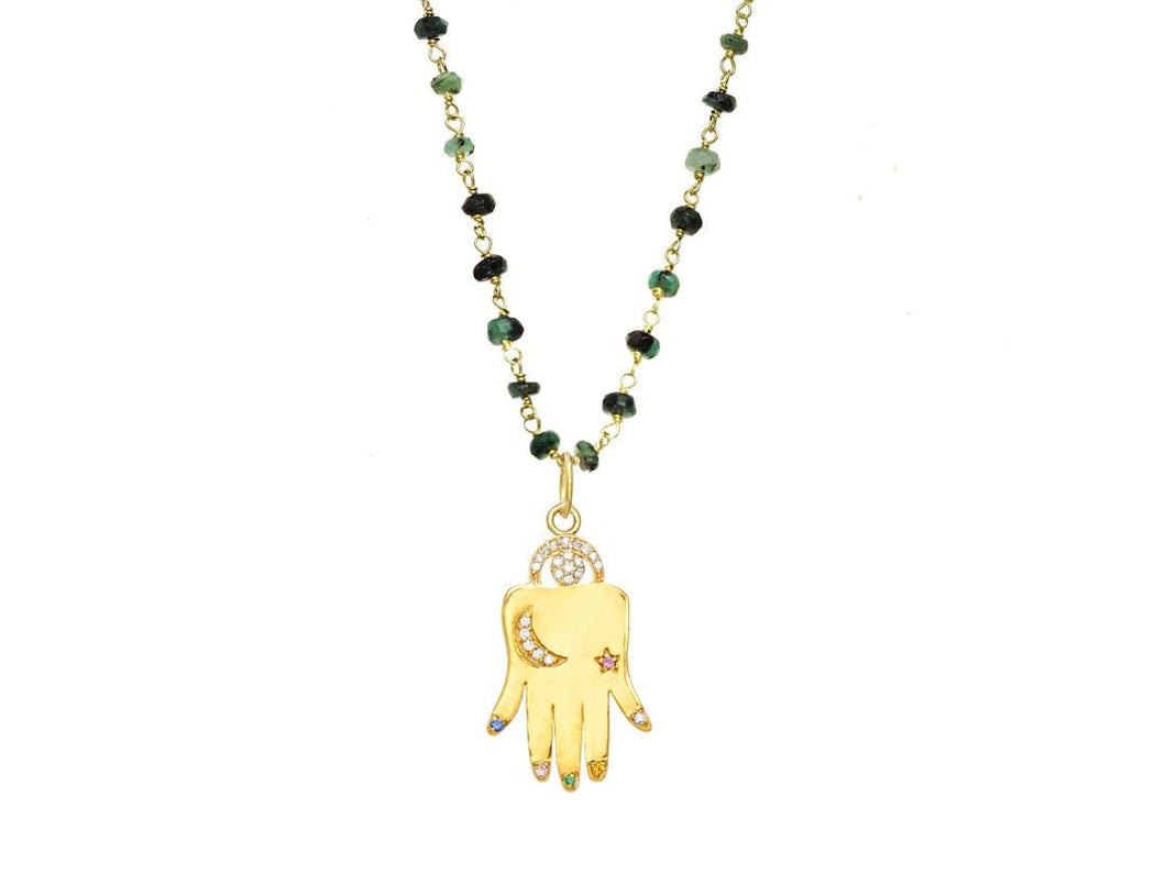 Emerald Necklace with Good Luck Hamsa