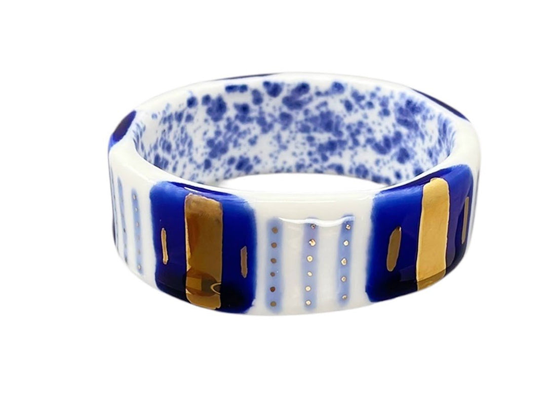 Handpainted Italian Porcelain Navy, Blue, and Gold Bangle Bracelet