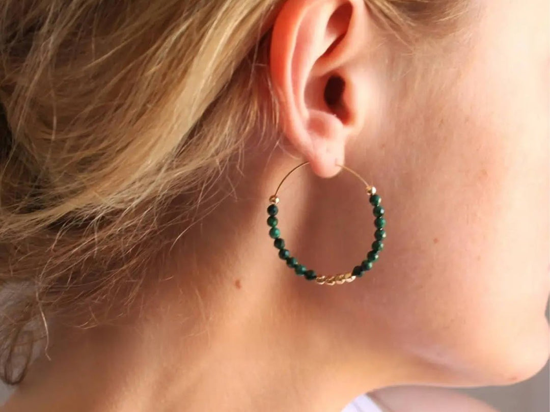 Gold and Malachite Bead Hoop Earrings